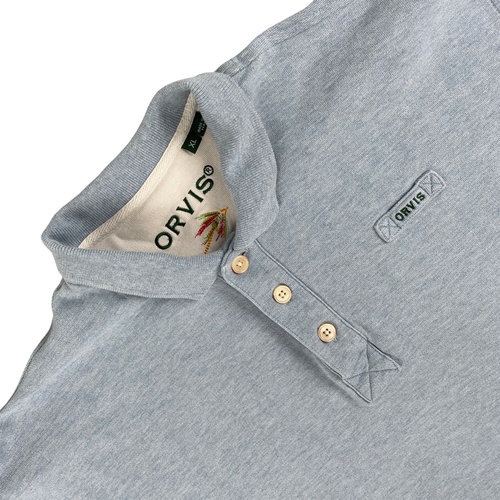 Orvis Signature Polo Shirt Mens L Blue Short Sleeve Casual Logo Peru Cotton